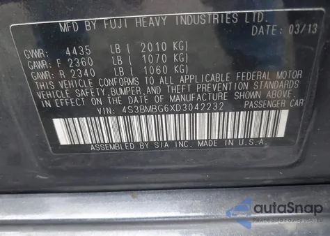 2013 Subaru Legacy 2.5 I Sport from USA, damaged, VIN 4S3BMBG6XD3042232